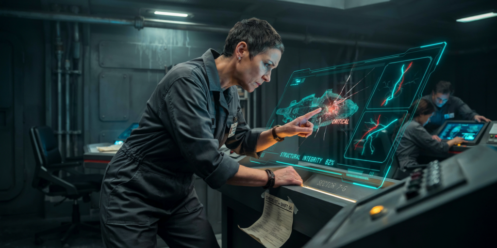A spacecraft officer studies a failing system, illustrating how competence creates responsibility under pressure.